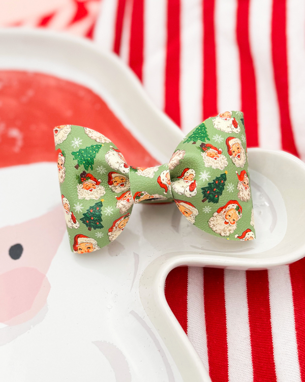 Santa on Green // Leather Bow Tie